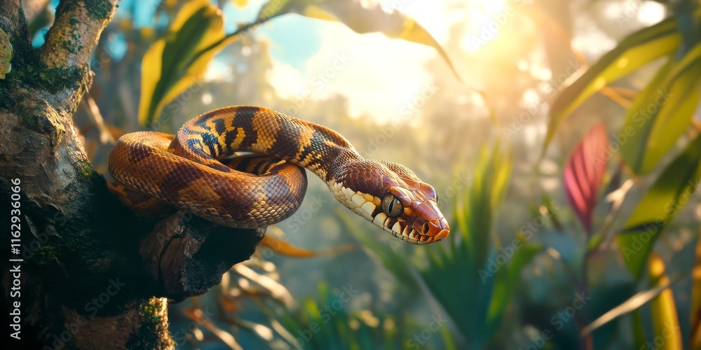 Poster a vibrant scene in a lush jungle showcases a mesmerizing snake hanging elegantly from a branch. the 
