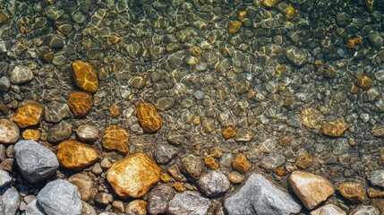 Clear water over smooth river rocks.