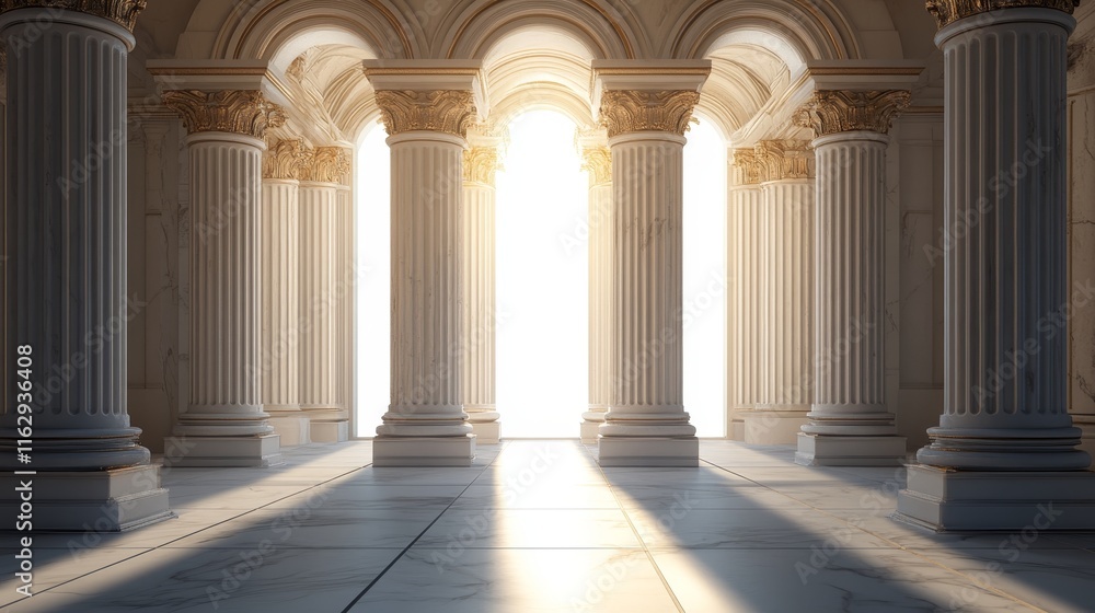 Poster a serene architectural space with columns and light creating a tranquil atmosphere.