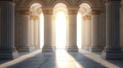 Obraz premium A serene architectural space with columns and light creating a tranquil atmosphere.
