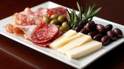 A white plate with a variety of meats, cheese, and olives