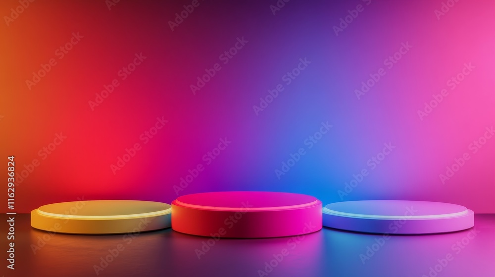 Poster a vibrant display of three circular platforms against a colorful gradient background.