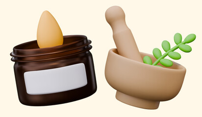 Jar with aroma candle, mortar with pestle and herbs. Realistic container with heated wax