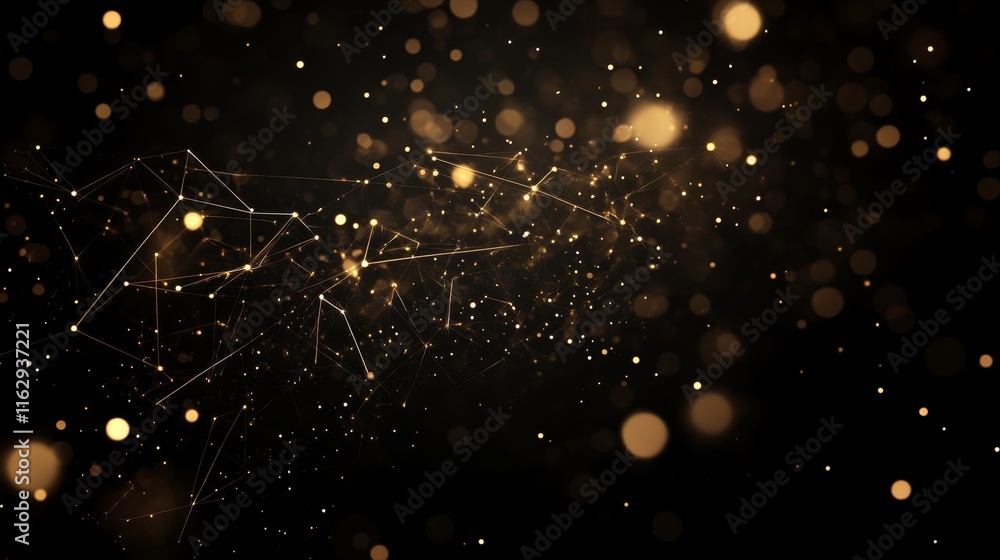 Poster a shimmering abstract background with golden particle and geometric lines on a dark backdrop.