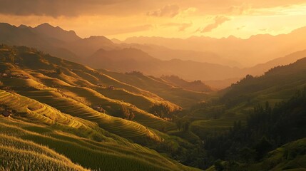 Golden sunset illuminates terraced rice fields in mountainous landscape.