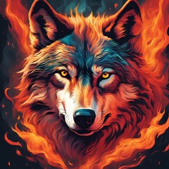 Naklejka premium Fearless wolf, surrounded by a wave of fire and color.