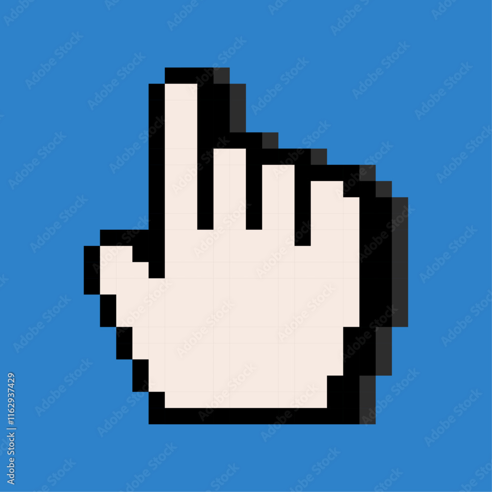 Poster pixelated computer cursor on blue background. hand cursor, shadowed cursor, pixel art, cursor icon f