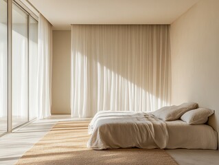 A serene bedroom featuring soft textures and natural light for relaxation.