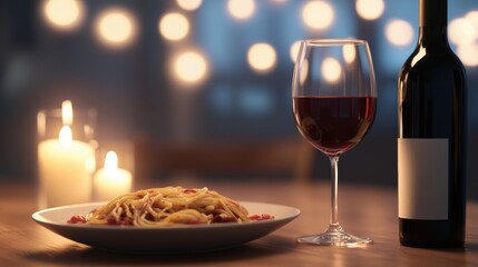 Naklejka premium A plate of spaghetti with a glass of red wine on a table