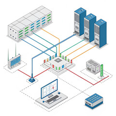 Green energy isometric vector concept: Solar panel powering electricity for buildings, cars, houses.
