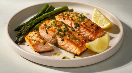 A plate of fish and asparagus with a lemon wedge on the side