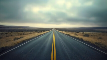 Fototapeta premium A road stretching through the desert plain, with thick white clouds forming above it, a road where trucks and other motor vehicles pass.