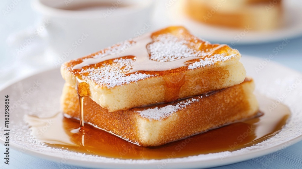 Poster a stack of pancakes with syrup and powdered sugar on top