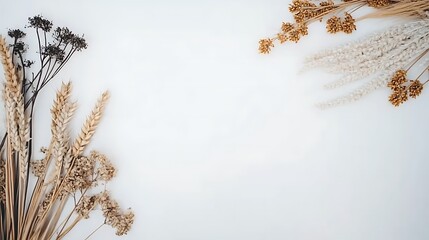 Dried Flowers and Wheat Stalks Frame White Background