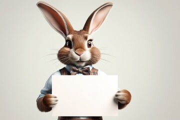 Ein stilvoller Hase in Weste und Fliege hält ein leeres Schild vor einem neutralen Hintergrund – ideal für Ostergrüße oder Einladungen. Generative KI.
