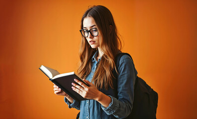 A student is deeply engaged in reading a book while sitting with a backpack against an orange wall
