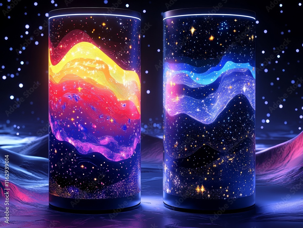 Aufkleber two illuminated cylindrical displays featuring colorful cosmic wave patterns.
