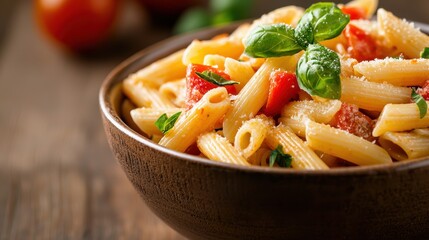A bowl of pasta with tomatoes and basil