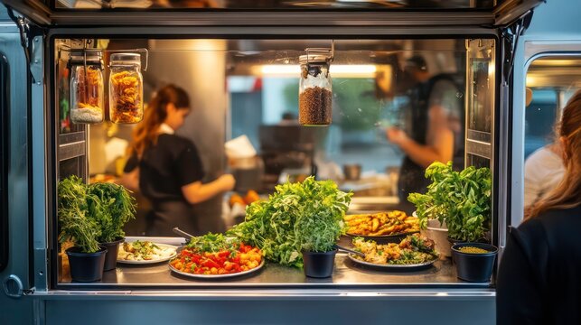 Food truck window showcasing prepared meals and fresh ingredients; staff visible inside.