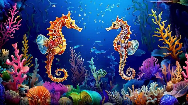 A seahorse  swims through  a coral reef