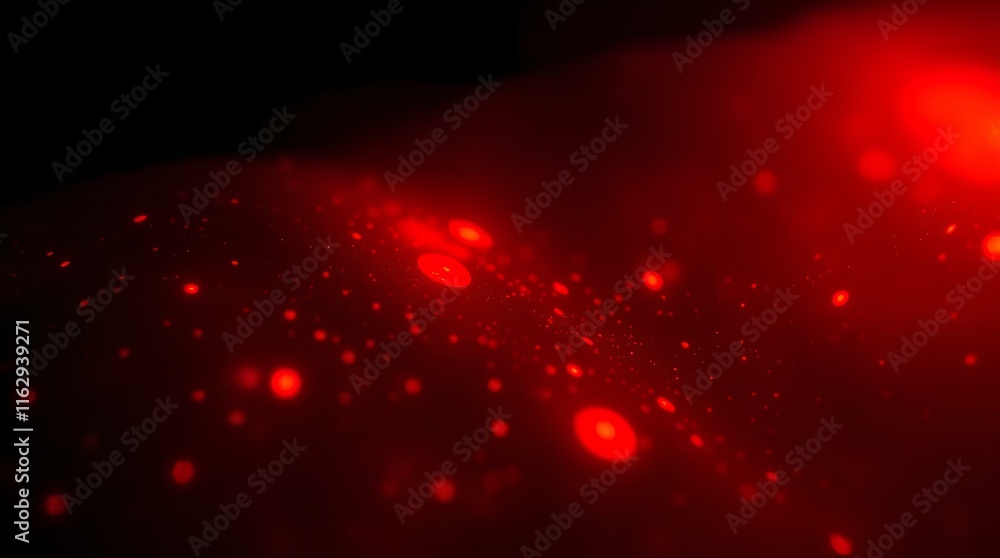 Poster mystical abstract scene with glowing red particles floating on a deep, dark background