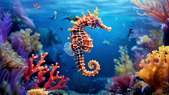A seahorse  swims through  a coral reef