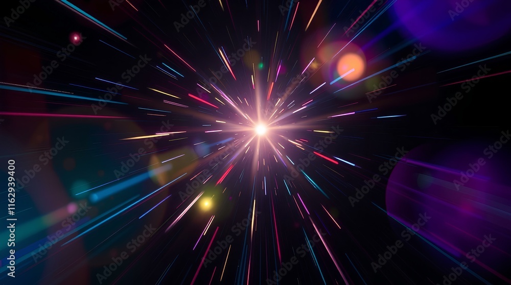 Poster abstract explosion of radiant light beams and dynamic rays on a dark gradient backdrop
