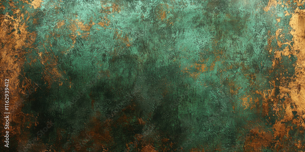 Poster abstract textured surface featuring a vibrant green background accented with irregular bronze patche