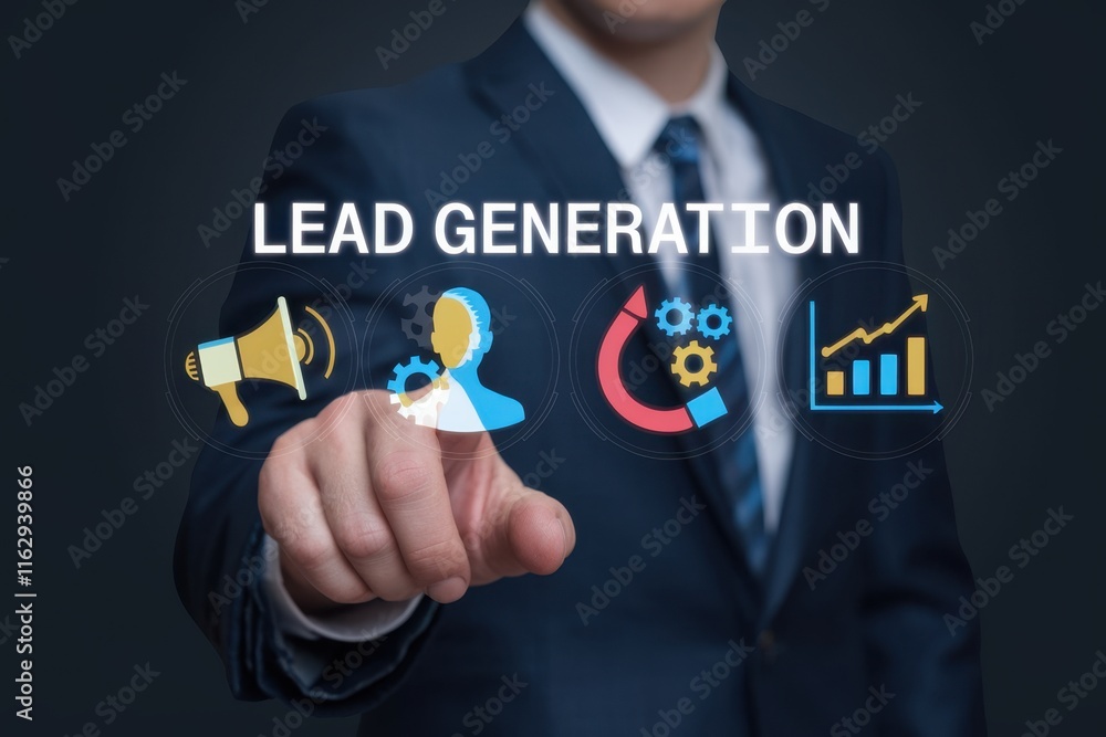 Poster businessman interacting with lead generation icon on virtual screen