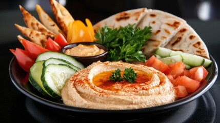 A plate of food with hummus, vegetables, and pita bread