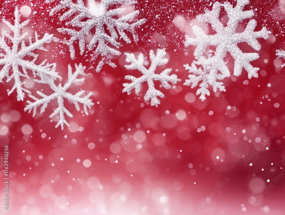 Poster a festive winter scene featuring snowflake against a red background with sparkling effects.