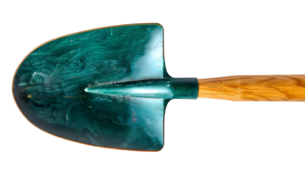 Green shovel with a wooden handle, designed for versatile gardening tasks isolated on white background