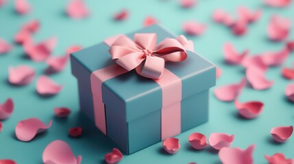 Elegant Gift Box Tied with a Satin Ribbon Surrounded by Delicate Rose Petals on a Soft Blue Background for Celebratory Occasions