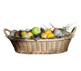 Wicker basket overflowing with fresh fruit on transparent background