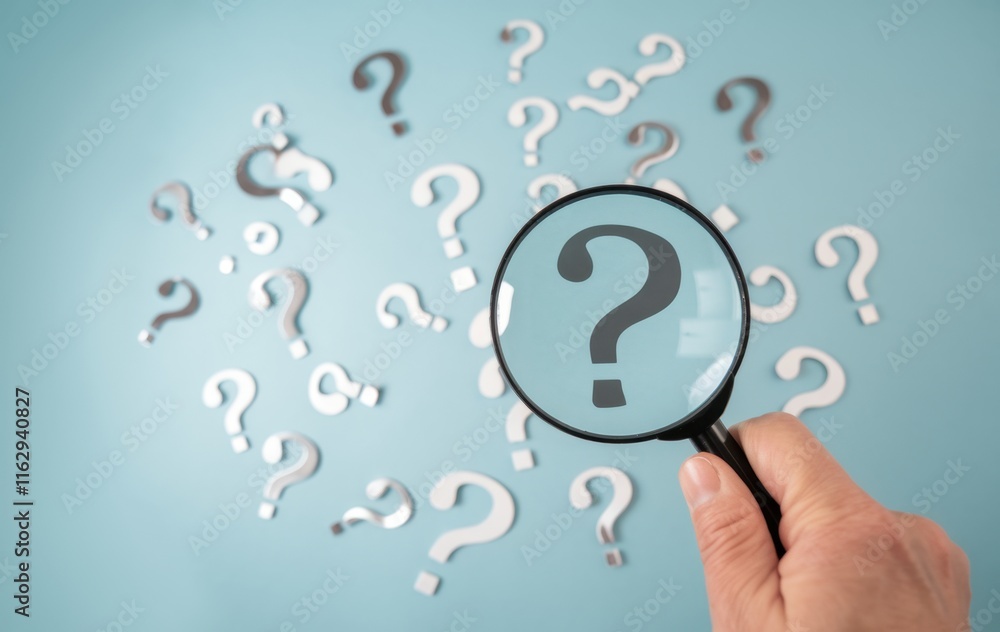 Poster root cause analysis concept: hand with magnifying glass investigating three question marks