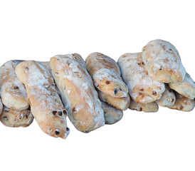 Delicious mini baguettes with raisins displayed on transparent background