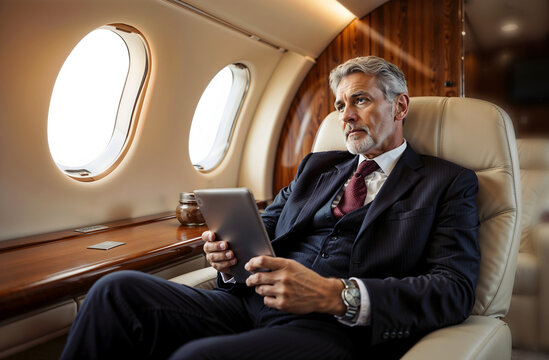 Businessman Working Inside a Private Jet A Dedicated Moment of Focus and Inspiration