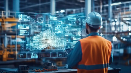 A futuristic construction manager dashboard glowing with 3D holograms.