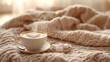 Warm cup of coffee with heart-shaped marshmallows on knitted blanket during a cozy winter afternoon