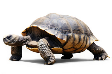 Obraz premium A Galapagos tortoise slowly walking, with its distinctive shell and gentle demeanor isolated on a white backdrop. 