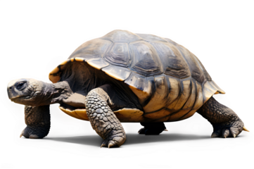 A Galapagos tortoise slowly walking, with its distinctive shell and gentle demeanor isolated on a white backdrop.

