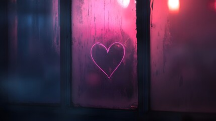 Heart drawn on a foggy window illuminated by colorful lights during a cozy evening