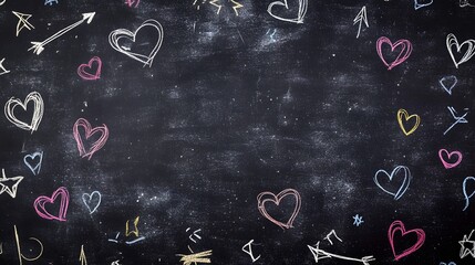 Elegant chalkboard background featuring colorful heart and arrow doodles created with chalk