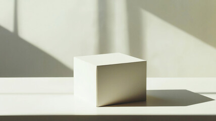 A blank box mockup placed on a pristine white surface, perfect for showcasing personalized designs or branding with a minimalist aesthetic.