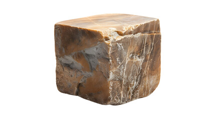 Smooth beige stone block with striking horizontal layers of beige and golden tones isolated on white background