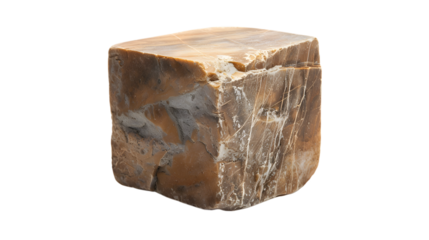 Smooth beige stone block with striking horizontal layers of beige and golden tones isolated on white background