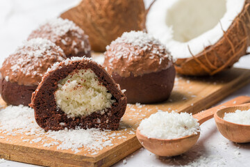 Delicious homemade chocolate coconut cookies, close-up