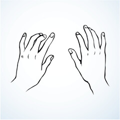 Obraz premium Young male physio masseur wrist on light back backdrop. Line logo pictogram. Outline black ink drawn girl worker use emblem in retro art doodle cartoon style on paper space for text. Closeup top view