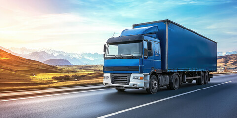 Blank cargo truck on the empty sunny road on background of mountains and sky 