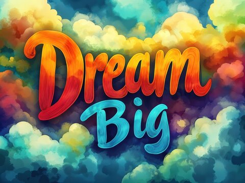 A stunning mural features the powerful message Dream Big amidst a backdrop of swirling, colorful clouds. This artwork ignites creativity and encourages bold aspirations in viewers.
